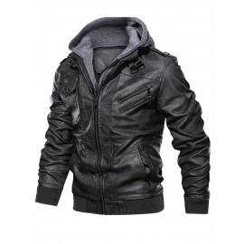 Men's PU Leather Hooded Pockets Zipper Long Sleeves Jackets