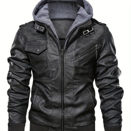 Men's PU Leather Hooded Pockets Zipper Long Sleeves Jackets