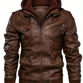 Men's PU Leather Hooded Pockets Zipper Long Sleeves Jackets