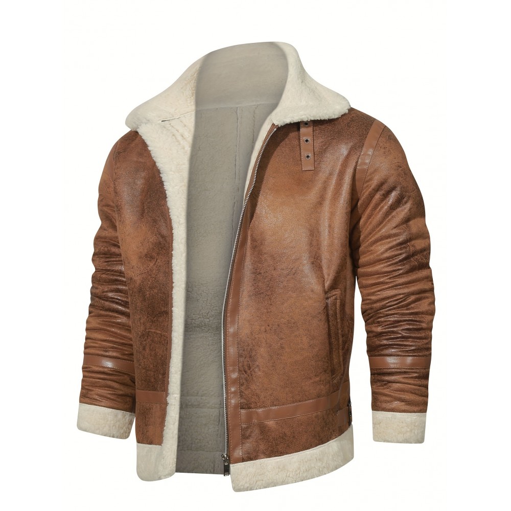 Men's Vintage Casual Leather Jacket, Classic Long Sleeve Zipper Thermal Fleece Jacket For Winter