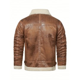 Men's Vintage Casual Leather Jacket, Classic Long Sleeve Zipper Thermal Fleece Jacket For Winter