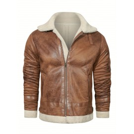 Men's Vintage Casual Leather Jacket, Classic Long Sleeve Zipper Thermal Fleece Jacket For Winter