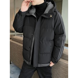 Men's Simple Cotton-padded Stripe Sleeves Puff Hooded Jacket Outwear