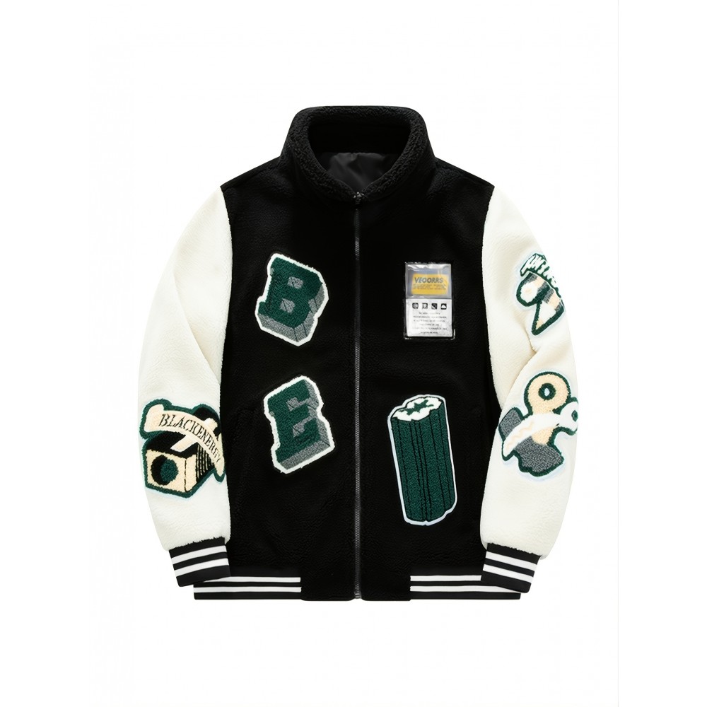 Men's Casual Fleece Color Block Jacket With Embroidered Patches Jacket Christmas Gifts