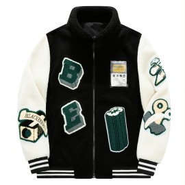 Men's Casual Fleece Color Block Jacket With Embroidered Patches Jacket Christmas Gifts