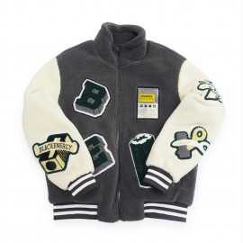 Men's Casual Fleece Color Block Jacket With Embroidered Patches Jacket Christmas Gifts