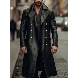 Men's Casual PU Leather Overcoat, Long Double Breasted Trench Coat