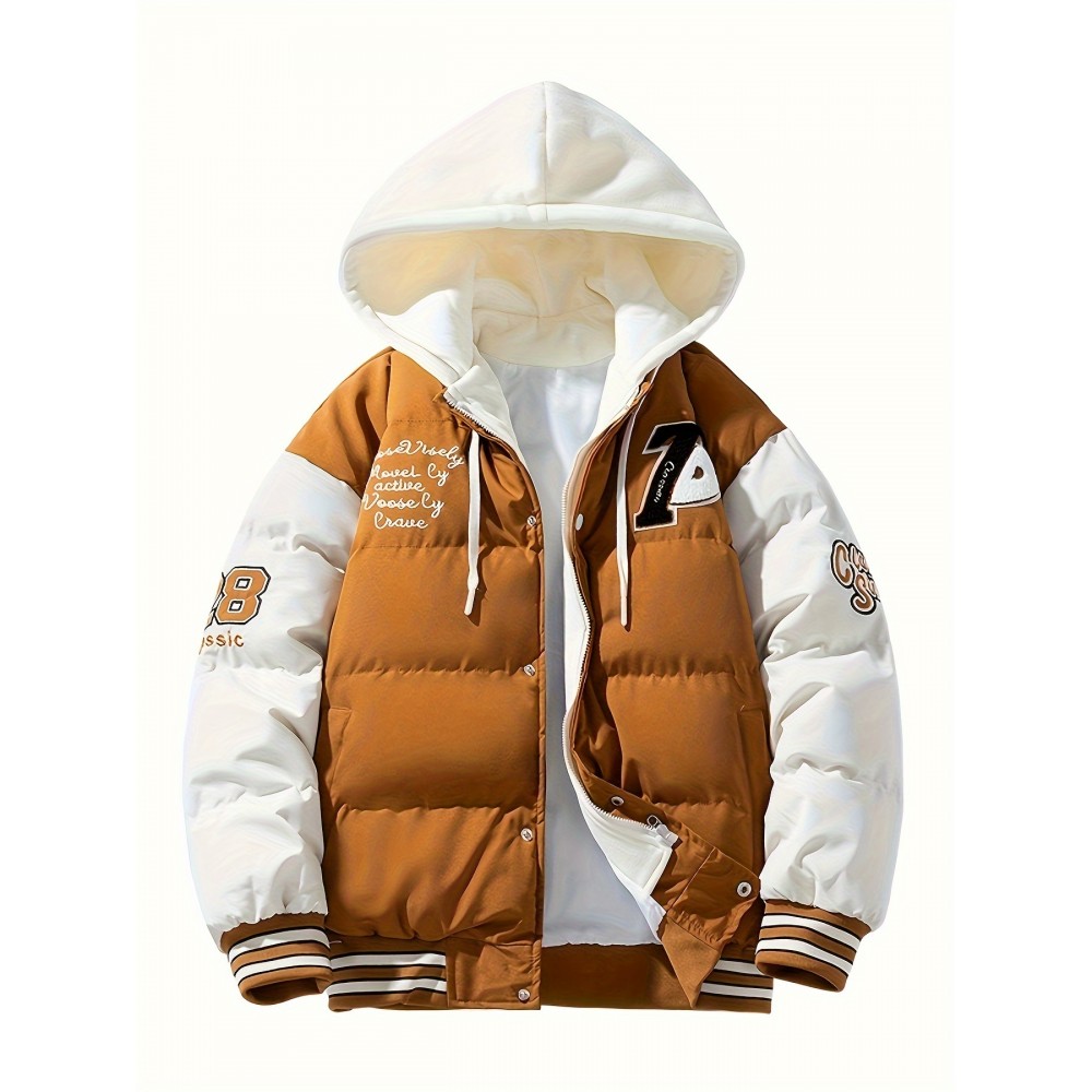 Men's Casual Warm Padded Coat, Chic Color Block Hooded Jacket For Fall Winter