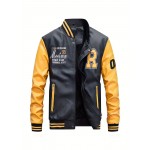 Men's Stylish Comfy Vintage Style Solid  Baseball Jacket With Pockets, Casual Breathable Baseball Collar Zip Up Long Sleeve Warm Varsity Jacket For City Walk Street Hanging