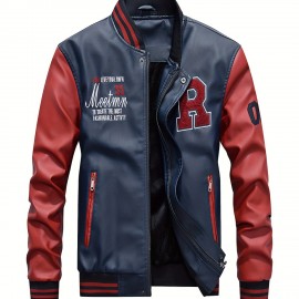 Men's Stylish Comfy Vintage Style Solid  Baseball Jacket With Pockets, Casual Breathable Baseball Collar Zip Up Long Sleeve Warm Varsity Jacket For City Walk Street Hanging