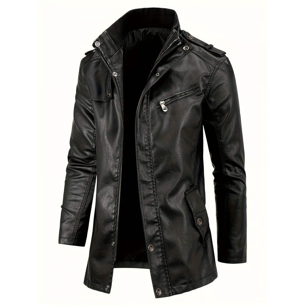 Men's Cool PU Leather Jacket, Casual Street Style Stand Collar Overcoat With Zipper Pockets