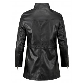 Men's Cool PU Leather Jacket, Casual Street Style Stand Collar Overcoat With Zipper Pockets