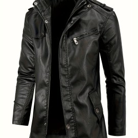 Men's Cool PU Leather Jacket, Casual Street Style Stand Collar Overcoat With Zipper Pockets