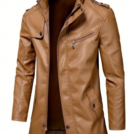 Men's Cool PU Leather Jacket, Casual Street Style Stand Collar Overcoat With Zipper Pockets