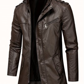 Men's Cool PU Leather Jacket, Casual Street Style Stand Collar Overcoat With Zipper Pockets