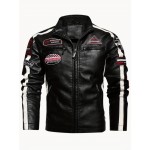 Retro PU Biker Jacket, Men's Casual Warm Fleece Zip Up Stand Collar Faux Leather Jacket For Fall Winter