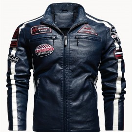 Retro PU Biker Jacket, Men's Casual Warm Fleece Zip Up Stand Collar Faux Leather Jacket For Fall Winter