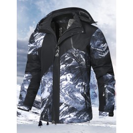 Men's Printed Windbreaker Jacket, Casual Hooded Waterproof Jacket For Outdoor Mountaineering Skiing