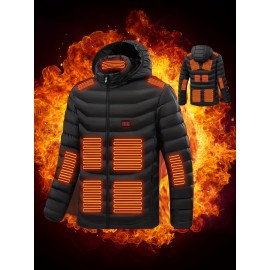 Men's Stylish Solid Heating Jacket With Pockets, Active Breathable Crew Neck Zip Up Long Sleeve Hooded Jacket For Winter Outdoor Activities ( Power Bank Is Not Included )