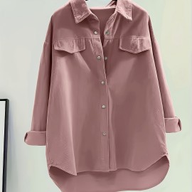 Solid Button Front Corduroy Shirt, Versatile Long Sleeve Loose Shirt For Spring & Fall, Women's Clothing