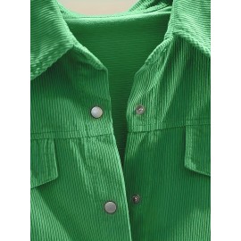 Solid Button Front Corduroy Shirt, Versatile Long Sleeve Loose Shirt For Spring & Fall, Women's Clothing