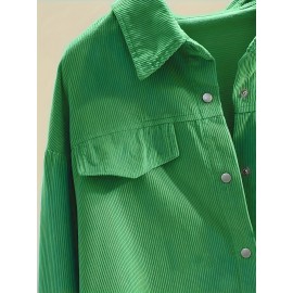 Solid Button Front Corduroy Shirt, Versatile Long Sleeve Loose Shirt For Spring & Fall, Women's Clothing