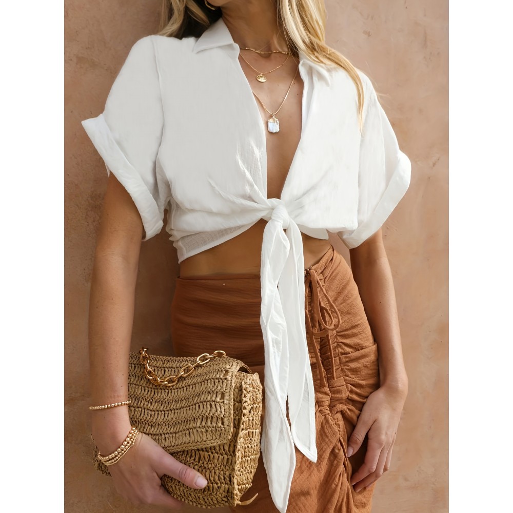 Tie Front Crop Blouse, Casual Short Sleeve Blouse For Spring & Summer, Women's Clothing