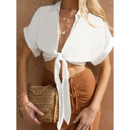 Tie Front Crop Blouse, Casual Short Sleeve Blouse For Spring & Summer, Women's Clothing