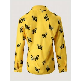 Butterflies Print Shirt, Casual Button Front Turn Down Collar Long Sleeve Shirt, Women's Clothing