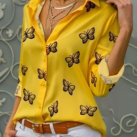 Butterflies Print Shirt, Casual Button Front Turn Down Collar Long Sleeve Shirt, Women's Clothing