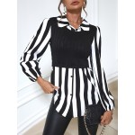 Stripe Print Splicing Polo Collar Blouse, Casual Long Sleeve Blouse For Spring & Fall, Women's Clothing