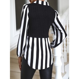 Stripe Print Splicing Polo Collar Blouse, Casual Long Sleeve Blouse For Spring & Fall, Women's Clothing