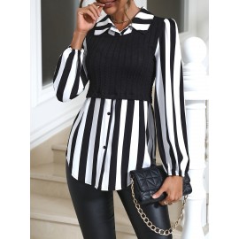 Stripe Print Splicing Polo Collar Blouse, Casual Long Sleeve Blouse For Spring & Fall, Women's Clothing