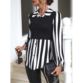 Stripe Print Splicing Polo Collar Blouse, Casual Long Sleeve Blouse For Spring & Fall, Women's Clothing