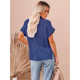 Solid Color Short Sleeve Blouse, Casual Button Front Blouse For Spring & Summer, Women's Clothing