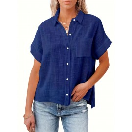 Solid Color Short Sleeve Blouse, Casual Button Front Blouse For Spring & Summer, Women's Clothing