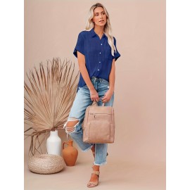 Solid Color Short Sleeve Blouse, Casual Button Front Blouse For Spring & Summer, Women's Clothing