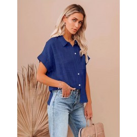 Solid Color Short Sleeve Blouse, Casual Button Front Blouse For Spring & Summer, Women's Clothing