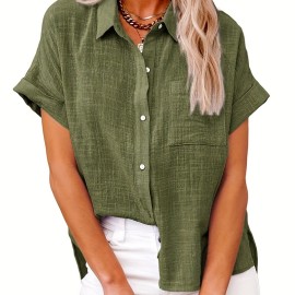 Solid Color Short Sleeve Blouse, Casual Button Front Blouse For Spring & Summer, Women's Clothing