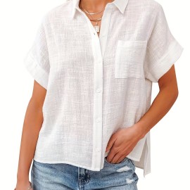 Solid Color Short Sleeve Blouse, Casual Button Front Blouse For Spring & Summer, Women's Clothing