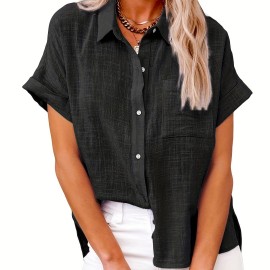 Solid Color Short Sleeve Blouse, Casual Button Front Blouse For Spring & Summer, Women's Clothing