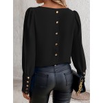 Solid Button Decor Simple Blouse, Versatile Puff Sleeve Blouse For Spring & Fall, Women's Clothing