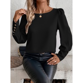 Solid Button Decor Simple Blouse, Versatile Puff Sleeve Blouse For Spring & Fall, Women's Clothing