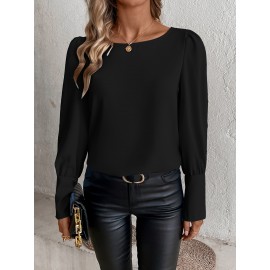 Solid Button Decor Simple Blouse, Versatile Puff Sleeve Blouse For Spring & Fall, Women's Clothing