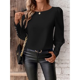 Solid Button Decor Simple Blouse, Versatile Puff Sleeve Blouse For Spring & Fall, Women's Clothing