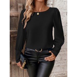 Solid Button Decor Simple Blouse, Versatile Puff Sleeve Blouse For Spring & Fall, Women's Clothing