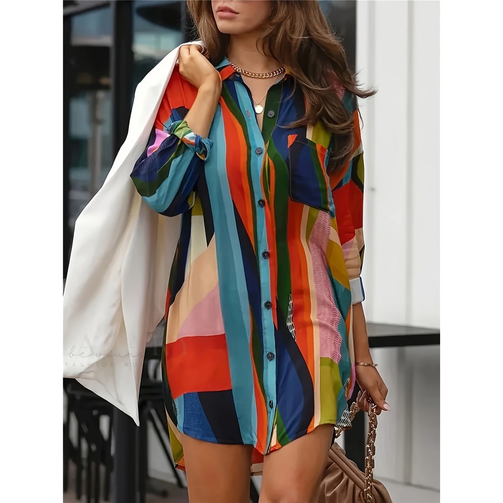 Colorful Geo Print Shirt, Casual Button Front Long Sleeve Shirt, Women's Clothing