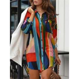 Colorful Geo Print Shirt, Casual Button Front Long Sleeve Shirt, Women's Clothing