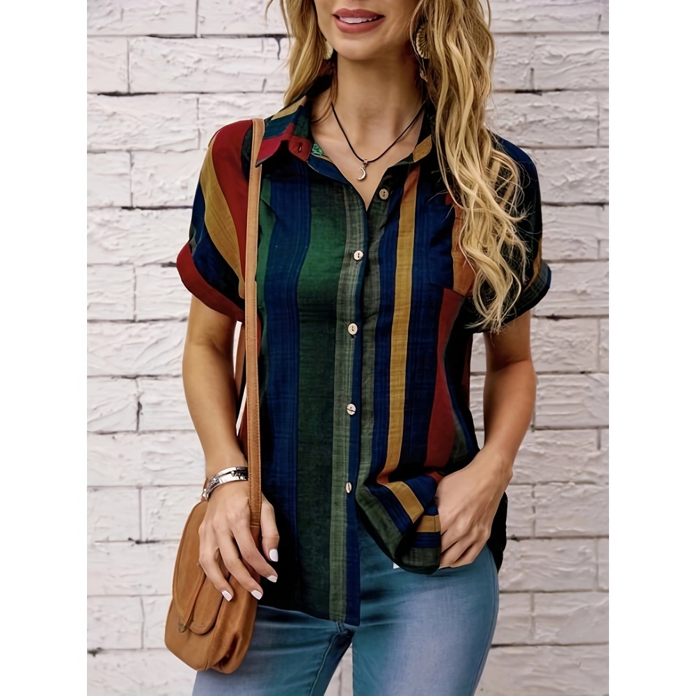 Striped Print Button Front Blouse, Vintage Short Sleeve Blouse For Spring & Summer, Women's Clothing