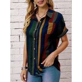 Striped Print Button Front Blouse, Vintage Short Sleeve Blouse For Spring & Summer, Women's Clothing